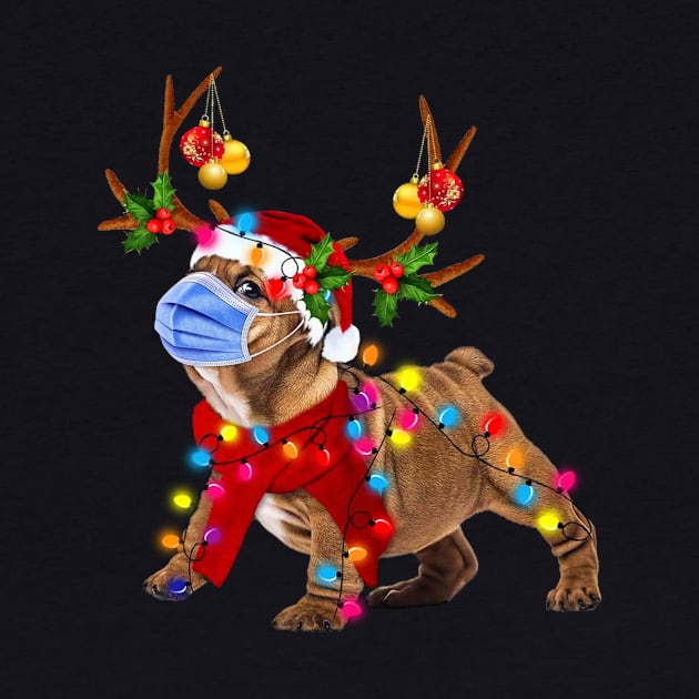 Bulldog Reindeer With Face Mask  Christmas Light Funny Shirt by Rozel Clothing